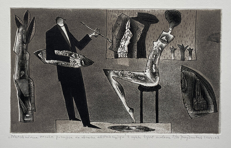 Natchniona muza pozująca do obrazu abstrakcyjnego