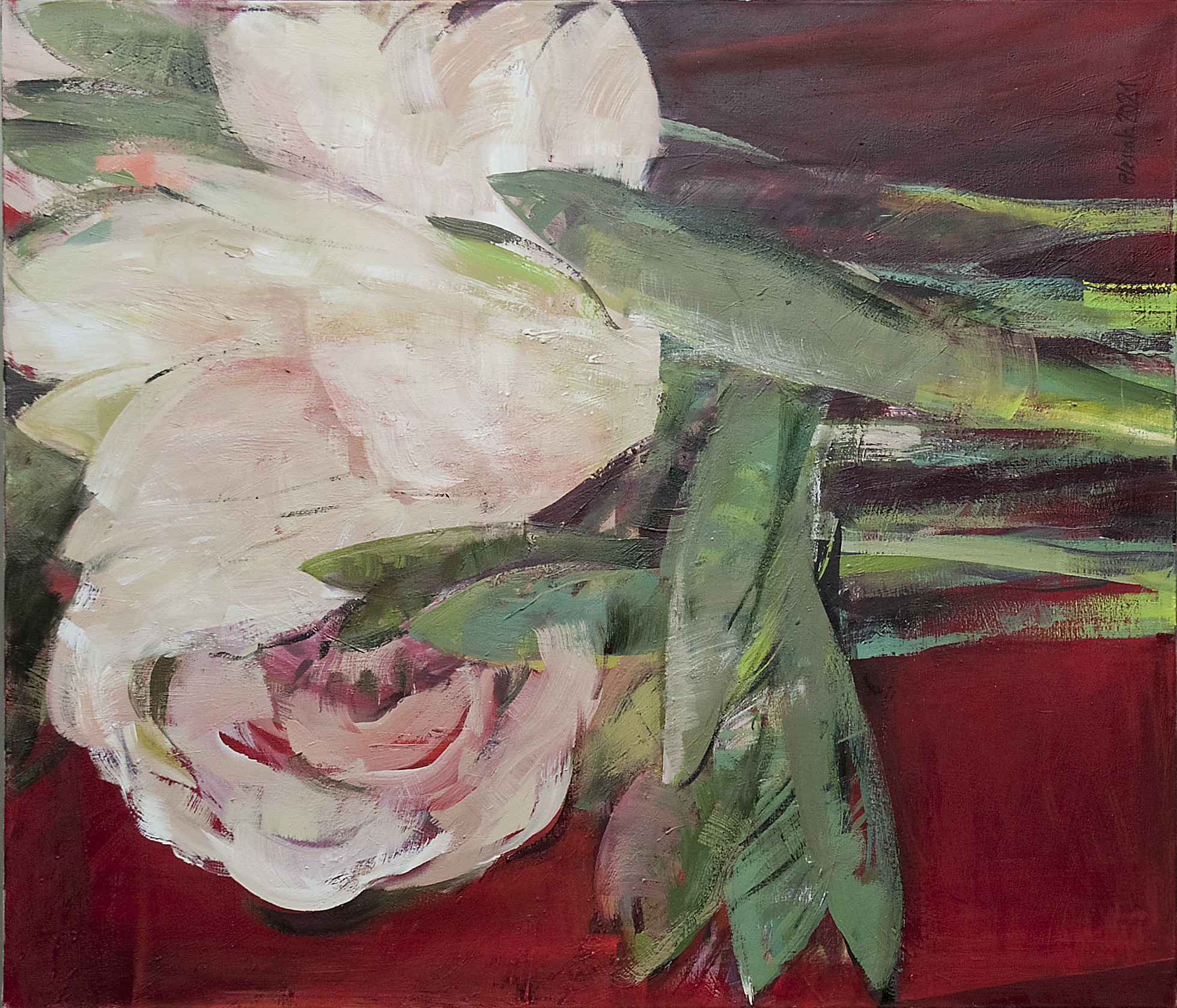 Czerwony stół i kwiaty